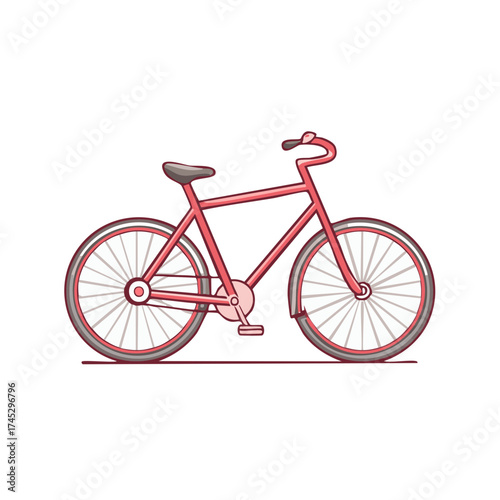 Illustration of a stylized pink bicycle with seat, wheels, and pedals in a vector graphic, isolated on white.