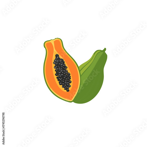 Fresh ripe papaya fruit cut in half revealing black seeds and bright orange flesh a healthy tropical food illustration