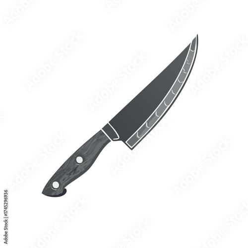 Sharp Kitchen Knife With Wooden Handle and Serrated Edge Detail