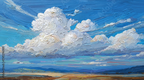 Abstract blue sky white cloud moutain and land art wallpaper heavy impasto oil painting technique