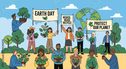 Diverse Group Celebrates Earth Day With Plants And Environmental Awareness