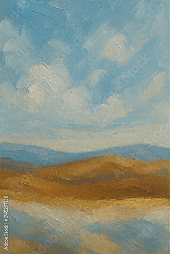 Abstract Blue cloud and dessert mountain heavy impasto oil painting technique