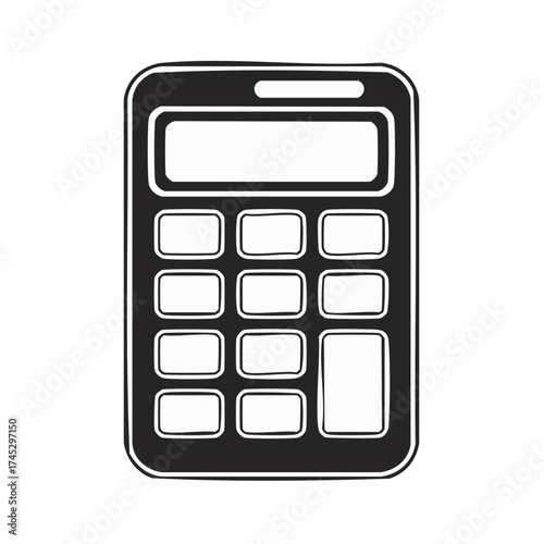 Hand drawn style calculator icon in black and white for simple calculations and financial mathematics education