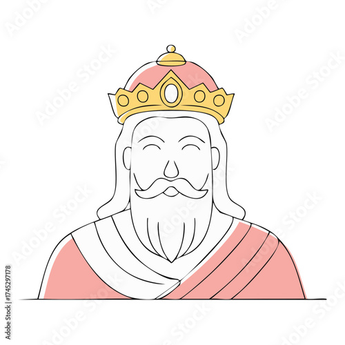 Cartoon king with crown and beard, simple line art with flat color fills
