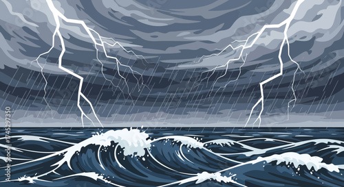 Dramatic Ocean Scene With Lightning During A Stormy Weather
