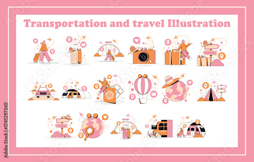 Pastel Travel Vector Icons – Flat Minimal Vacation Illustration Set