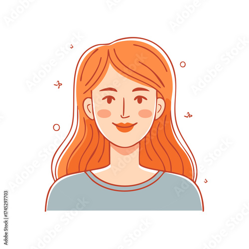 Cartoon illustration of a woman with long red hair, smiling face and wearing a gray shirt