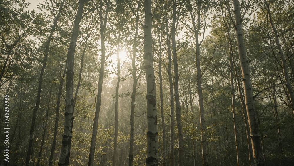 Obraz premium Sunlight filters through the tall trees in a dense forest, creating a misty and serene atmosphere.