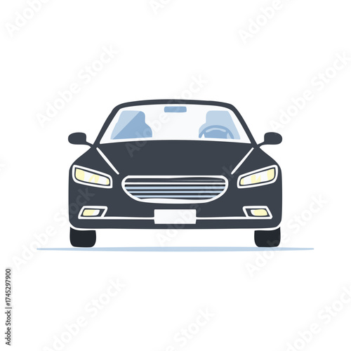 Front view of a modern dark gray sedan car with headlights on in a flat design style
