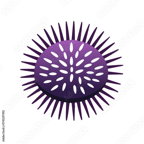 Illustration of a spiky, round, purple object on a white backdrop, visually representing a virus or microscopic organism