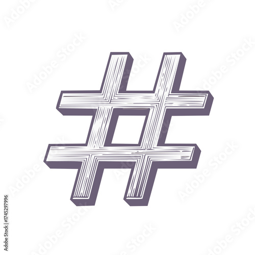 Graphic design illustration of hashtag symbol with shadow and texture
