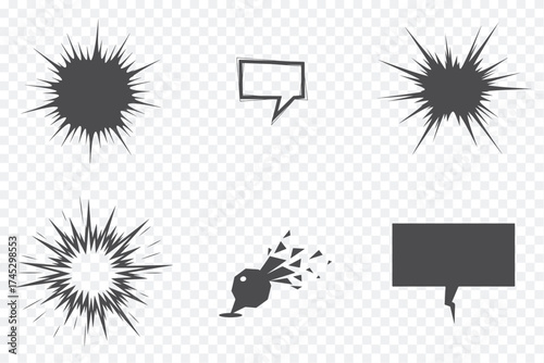 Collection of minimalist black icons including explosion, speech bubble, and bomb symbols for graphic design use.