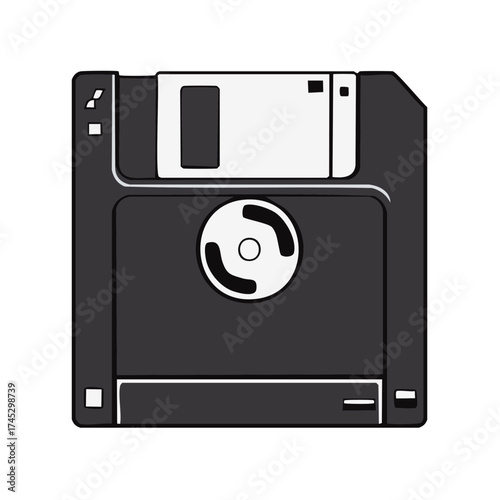 Black and white retro floppy disk design. Vintage data storage device. Obsolete technology.