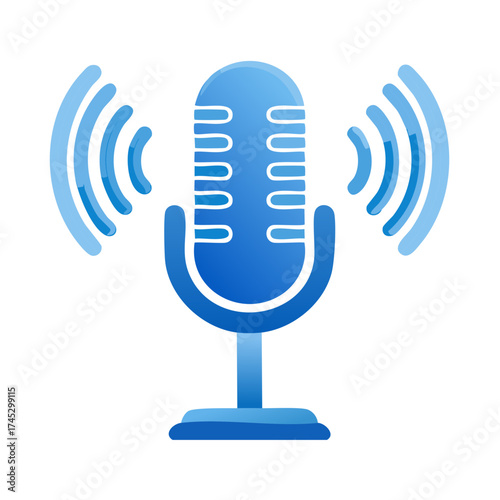 Blue retro microphone broadcasting sound waves on white background