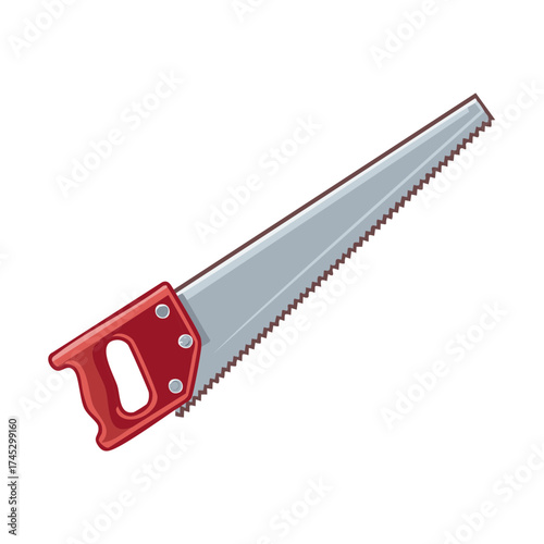 Sharp Hand Saw with Red Handle and Steel Blade Tool for Cutting Wood