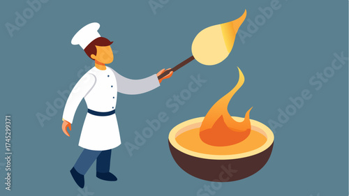 A culinary artist blowtorching a perfectly caramelized crème brûlée with the flame highlighted against the creamy dessert.