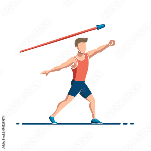Athelete throwing a javelin during competition in red tank top and blue shorts, sport event vector illustration