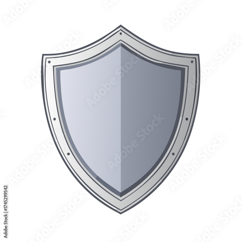 Isolated classic heraldic shield with riveted metal trim in defensive stance symbolizing protection, safety, and security