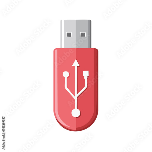 Red USB flash drive for portable digital data storage and electronic device connection modern flat design illustration