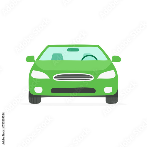 A simple green sedan automobile shown from the front view as a flat vector design illustration