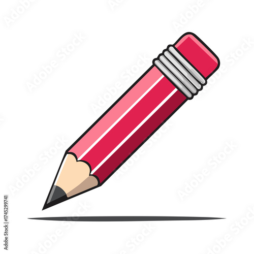 Illustration of a pink pencil drawing a line in black with eraser and shadow on white