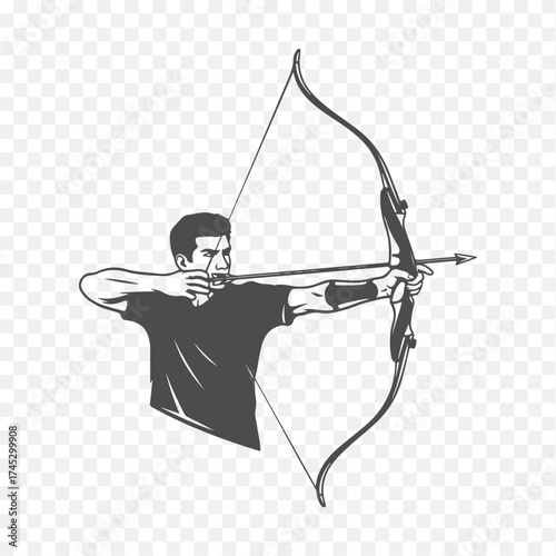 Black-and-white illustration of an archer pulling a bowstring, demonstrating focus and precision in archery stance. Clean design.