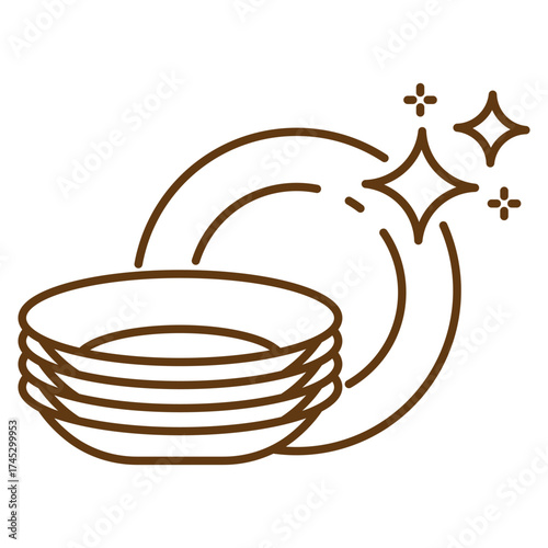 Clean plates linear icon isolated on transparent background. Outline dishware with shining stars. Simple line style perfect for dishwashing, hygiene, kitchen cleaning, household care. Editable stroke.