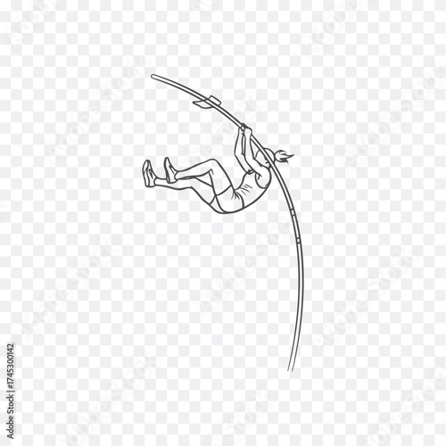 A minimalist, black-and-white line drawing showcasing a pole vaulter mid-jump, emphasizing motion and athleticism in a classic style.