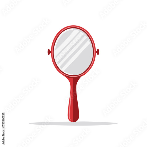 Red hand mirror with reflection isolated, vector illustration.