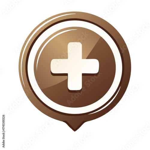 Shiny Brown Plus Sign Symbol Round Icon Additional Button Glossy 3D Graphic