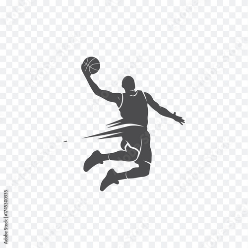 Dynamic black silhouette of a basketball player mid-dunk, captured in action with a clean, minimalist design. Perfect for sports themes.