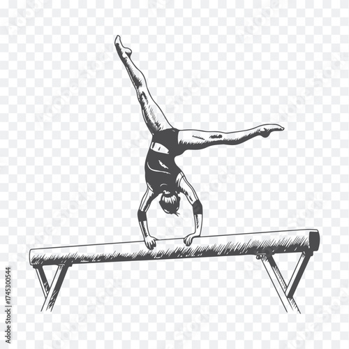 Black-and-white illustration of a gymnast balancing in a handstand on uneven bars, showcasing strength and precision.