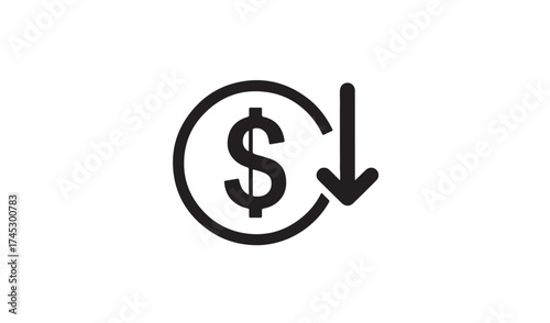 Dollar sign with down arrow isolated on white background