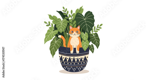 A fluffy orange cat sits nestled among lush green plants in a decorative pot.