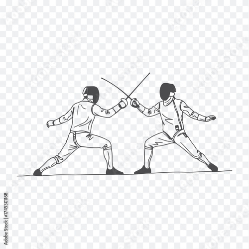 Illustration of two fencers in mid-duel, wearing traditional gear, crossing foils in athletic stance. Clean and dynamic design.