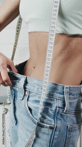 A person uses a measuring tape to check their waist size while wearing loose jeans. Weight loss concept