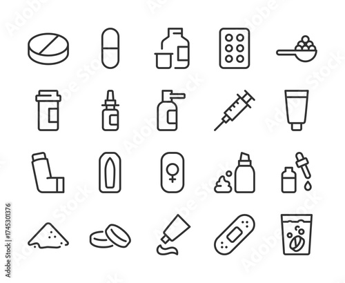 Pharmaceutical Drugs, icon set. Pills, capsules, syringes, drops, sprays, ointments, inhalers, bandages, medicine bottles, dosage, treatment, healthcare, pharmacy products. Line with editable stroke