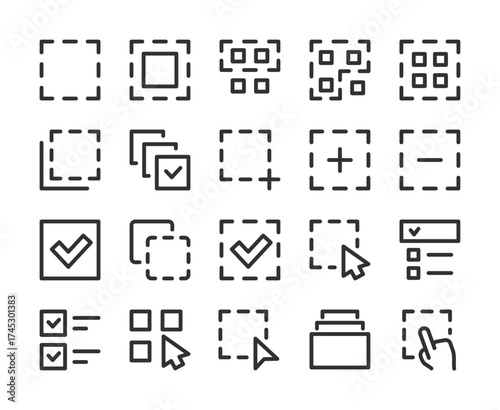 Selection and Multiselect, icon set. Interface elements for choosing items: checkbox, cursor, grid, selection frame, add, mark, highlight, click, UI design, digital tools. Line with editable stroke