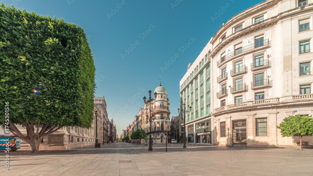 Naklejka premium Street panoramic view of Constitucion avenue with historical buildings and trams timelapse