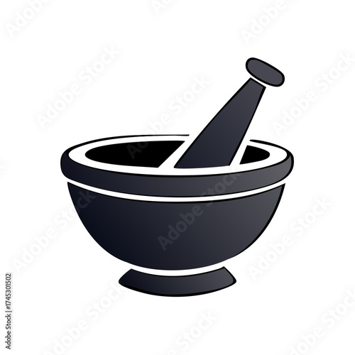 Black mortar and pestle illustration for pharmacy or cooking concept, isolated