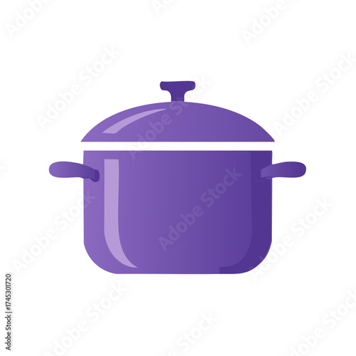 Purple cooking pot with lid, kitchenware illustration of a casserole with handle for cooking and preparing food