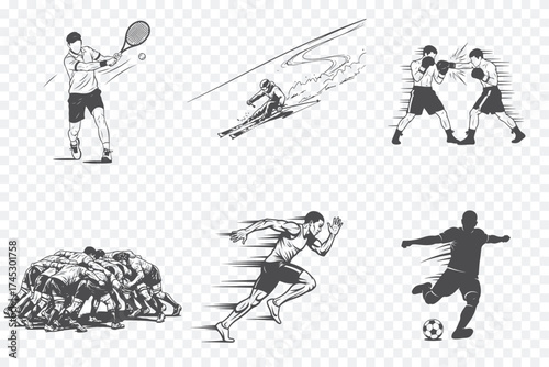 Six monochrome illustrations depicting various sports: tennis, skiing, boxing, rugby, running, and soccer. Minimalist style.