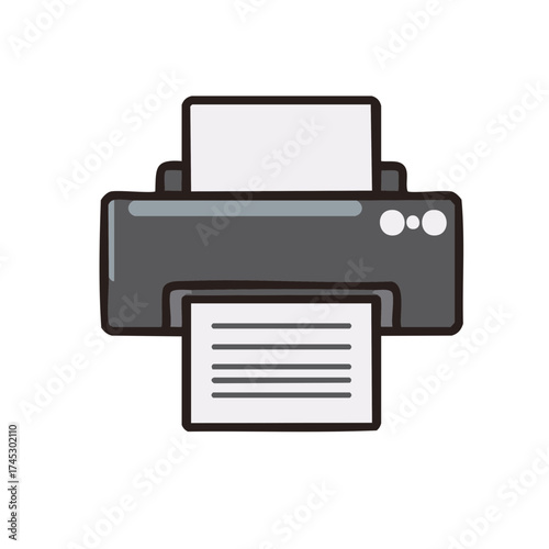 Cartoon style office printer icon printing documents with paper sheets