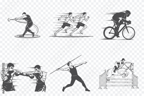 Six vintage-style black-and-white illustrations depicting different sports: boxing, running, cycling, fencing, rowing, and polo.