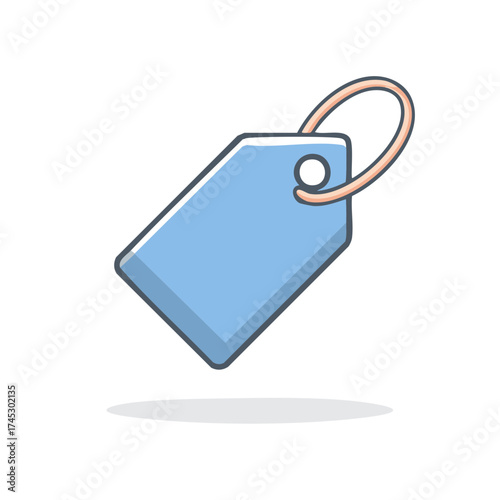 Stylized blue price tag dangling from a loop, minimal design with shadow, flat vector