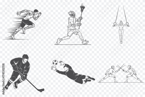 Collection of black-and-white line art illustrations depicting athletes in various sports, including lacrosse, gymnastics, soccer, and hockey.