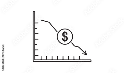 Graph showing the dollar value decreasing isolated on white background