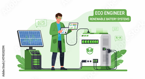 Engineer Monitoring Renewable Energy Systems with Solar Panel