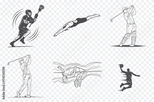 Six monochrome sketches depict athletes in action: baseball, swimming, golf, tennis, diving, and basketball. Clean, minimalist style.