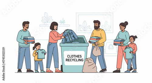 Family Donating And Recycling Old Clothes In A Designated Container